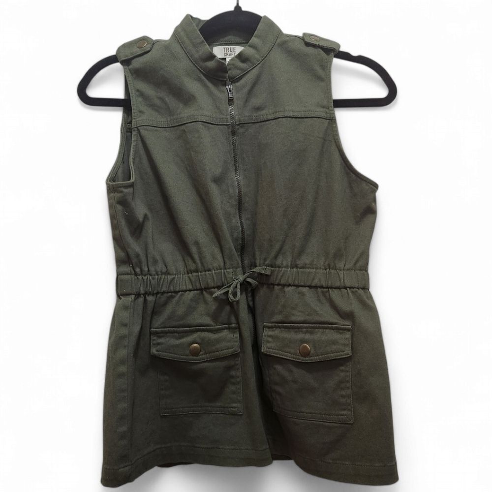 True Craft Girlrs XL Olive Green Utility Vest Military Safari Cargo Drawstring